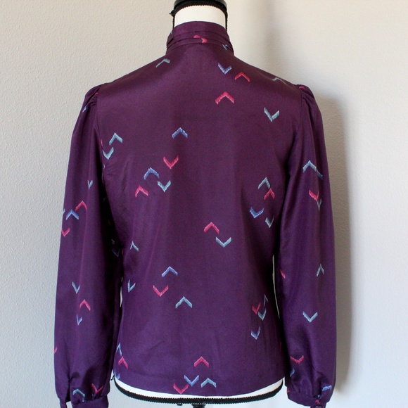 Vintage Deep Purple High-Neckline Puff Sleeve Button Down Shirt - Picture 6 of 8